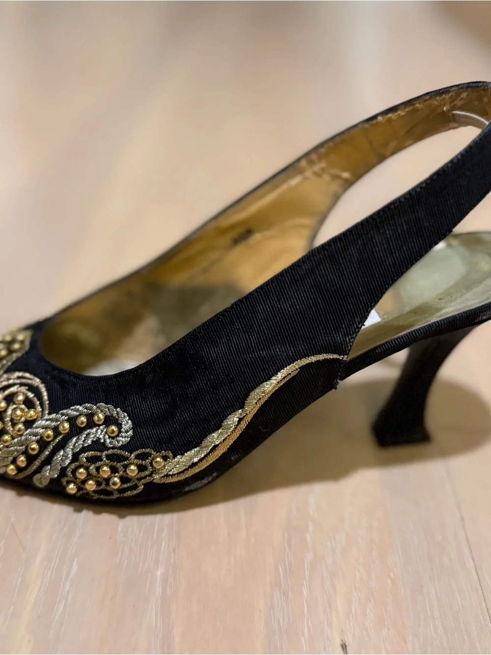 Caparros Black Slingback Heels with Gold Beaded Embellishment